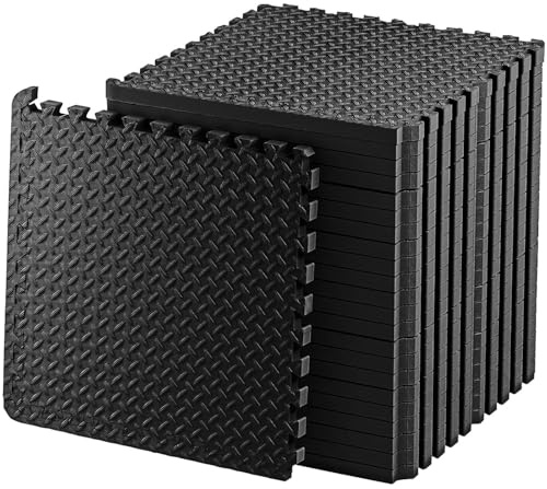 Exercise Foam Mat - Anti fatigue Protective Interlocking Puzzle EVA Floor Tiles with Edges - Gym Flooring Mats - Non slip Rubber Cushion for Underlay (Black, 16 Tiles (64 Square Feet))