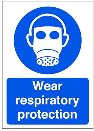 Wear respiratory protection - safety sign, ppe clothing, ppe, protective clothing - High tack self-adhesive sticker (200mm x 150mm) Viewing Distance within 5m.