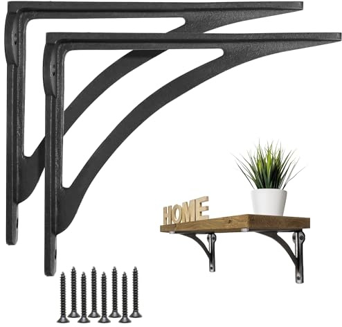 EDUWURXS Ironbridge Cast Iron Shelf Brackets 7x8in, Pair | Heavy-duty cast iron shelf brackets for wall-mounted shelving in homes, workshops and commercial spaces.