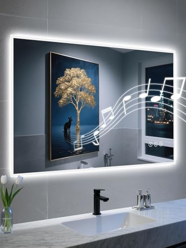 Habison 60x90cm Badezimmerspiegel Mit Licht Mit Bluetooth, Badspiegel Mit Beleuchtung mit Defogger, Dimmbar, 3 Lichtfarben, Speicherfunktion