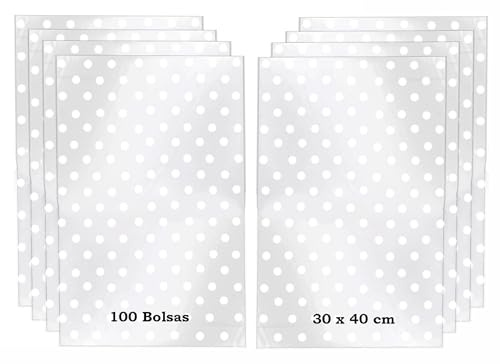 100 genomskinliga godispåsar vita prickar cellofan påse kakor 100 metallöglor (30 x 40 cm (100 stora påsar))