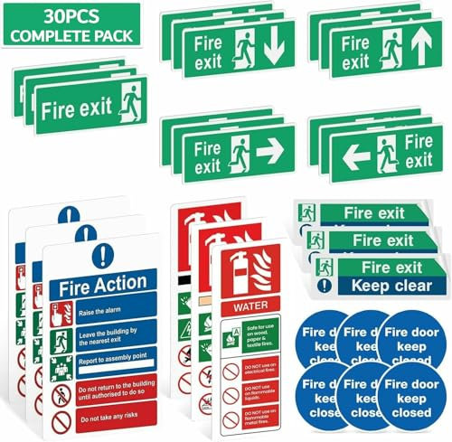 Rubigo 30PK/58PK Fire Exit Signs (RIGHT, LEFT, UP, DOWN ARROW) Keep Clear, 30 X 10cm Fire Action Notice, Extinguisher Signs, Keep Shut, Self Adhesive Vinyl Sticker, Emergency Exit Door, Signage (30pk)