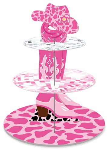 Alzata per cupcake a 3 livelli con cowgirl occidentale rosa, supporto per torta di compleanno, addio al nubilato, per ragazze e donne, cowgirl, ultima discoteca, addio al nubilato, festa di compleanno