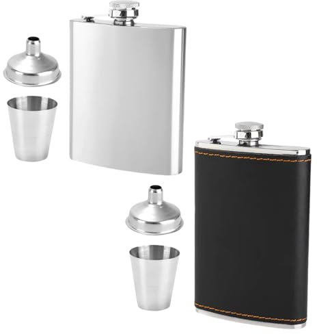 Pasdrucn 2 Pièces Flasque A Alcool Acier Inoxydable avec 2 Entonnoirs Et Une Tasse 7oz+9oz(204ml+263ml), Flasque A Alcool Personnalisable, Cuir Flasque A Alcool Portable, Fiole Alcool (A)