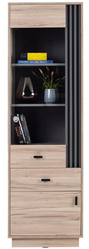 Lomadox Wohnzimmer Vitrine Wohnzimmerschrank Vitrinenschrank 60 cm breit in Eiche mit 2 Türen, 1 Schublade