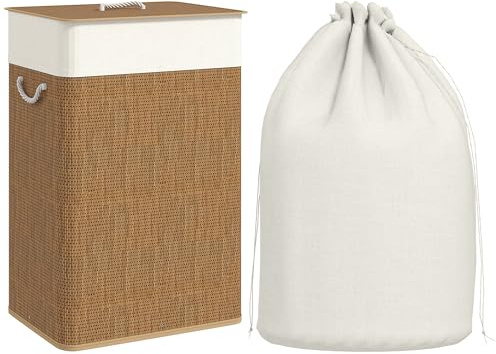 HOMCOM Bamboo Laundry Basket with Lid Laundry Hamper 72L Brown | Rope Handles, Washing Basket, Removable Washable Liner Bag, Bathroom, Bedroom