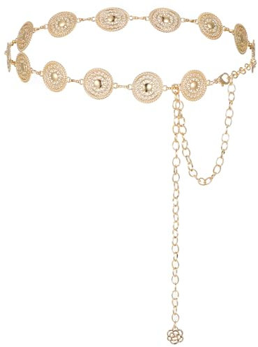 Xindojuz 1 PCS Gold Belt Chain, Metal Belly Chain Western Waist Belt for Women Dress, Adjustable Country Boho Cowgirl Waist Chains for Jeans Concho Concert Gold Chains Hip Belts (116 cm)