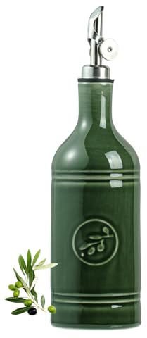 MIKIGEY Olive Oil Dispenser Bottle with Spout, 18 oz Ceramic Oil Dispensers for Kitchen, Opaque Cruet, EVOO & Vinegar Bottle with Automatic Stainless Steel Pourer, Pack of 1, Jade Green