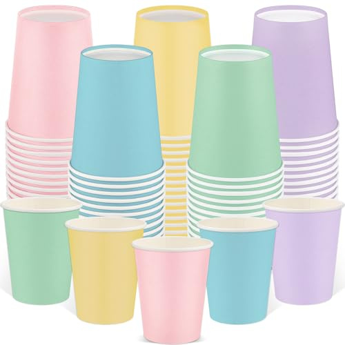 Paquete de 100 vasos de papel arcoíris pastel, vasos de fiesta de colores de 9 onzas, vasos de papel arcoíris a granel, vasos desechables para suministros de fiesta de cumpleaños, vacaciones, 5