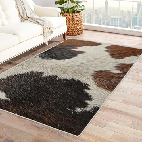 Grande tappeto in pelle bovina, marrone, nero, bianco, stampa mucca, per soggiorno e camera da letto, morbido, antiscivolo, lavabile, elegante decorazione per la casa, 160 x 230 cm