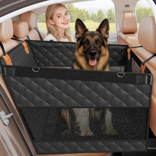 Extra Stabiler Hundekorb Auto Rücksitz, Hundesitz Auto Rückbank mit Hartem Bodenfür Große & Mittelgroße Hunde, Wasserdichter Hundeautositz mit 3 Befestigungsgurten für PKWs, Trucks und SUVs