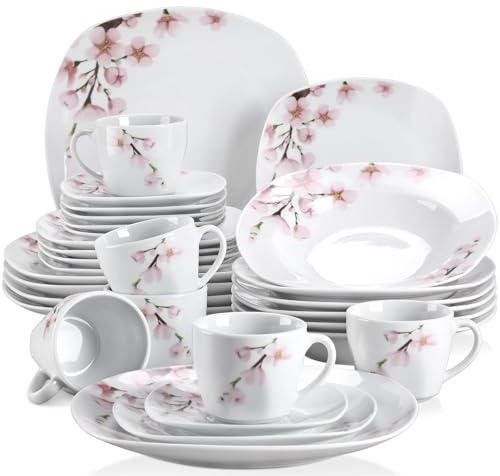Juego de 30/60 platos porcelana con diseño floral rosa y blanco, incluye 5 for sopa postre, tazas platillos for 12 personas Vajilla de cerámica(30-PIECE)