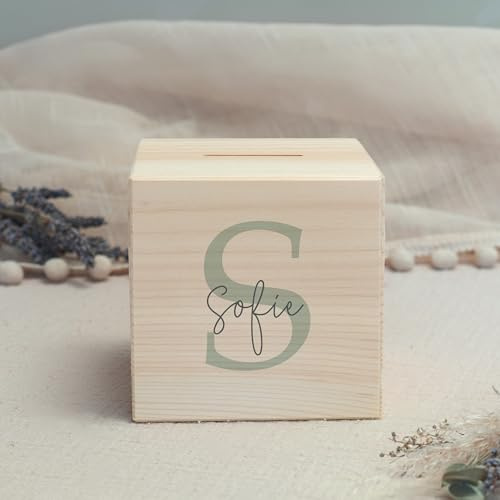 hellomini Personalisierte Spardose aus Holz mit Namen – Graviertetes Sparschwein für kleine & große Geschenke – Geschenkidee mit Wunschtext - Buchstabe