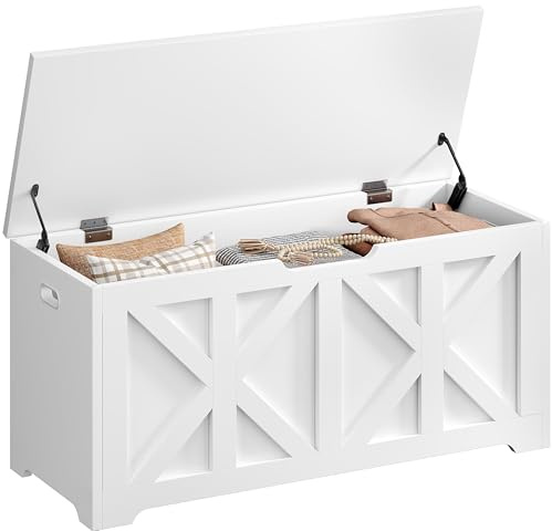Yaheetech Storage Chest, 132L Wooden Trunk with Safety Hinged Lid, 40×100×46.5 cm, Modern Shoe Storage Bench for Hallway, Entryway, Living Room, Bedroom, White
