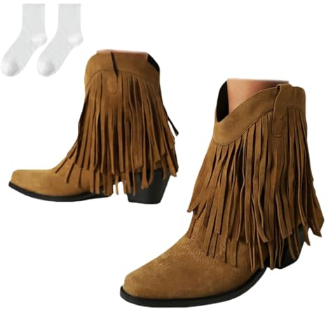 Botines Cowboy Mujer con Flecos, Botines Western con Cuña Punta Redonda, Botines Cortos Estilo Boho, Calzado Cómodo Otoño Invierno para Uso Diario Ocio y Viaje,Marrón,41 EU