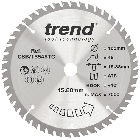 Trend Wood Cordless Circular Saw Blade, 165mm Diameter, 15.88mm Bore, 48 Teeth, 1.6mm Kerf, +10° Hook, TCT, Fine Finish, CSB/16548TC