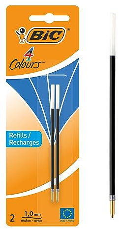 BIC 4 Couleurs - Recharges pour Stylo-Bille - Pointe Moyenne (1,0 mm) – Encre Bleue, Blister de 2