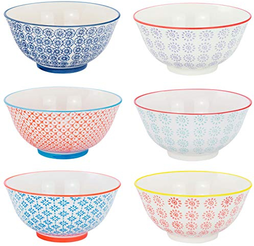 Nicola Spring Patterned Cereal Bowls - 6 Colours - 16cm - Pack of 6 - Hand Printed Japanese Style Porcelain Serving Bowls for Dessert, Pasta, Cereal, Salad, Noodles, Soup