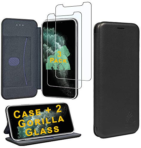 Gorilla Tech iPhone XS and X Flip Case and 2 Screen Protector Tempered Glass 3D Curve Premium Designer Slim [RFID Blocking Card Slot] Magnetic Closer Wallet Stand Cover 3-Pack, Black 5.8