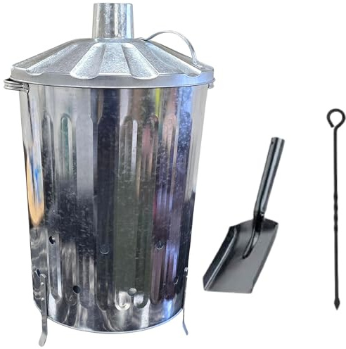 EASY SHOPPING Small Medium Large 15L 60L 90L Litre Metal Galvanised Garden Incinerator Fire Bin Burning Leaves Paper Wood Rubbish Dustbin Shovel and Poker Made In U. K. (90L INC with Shovel&Poker)
