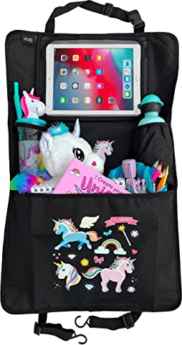 HECKBO 1x Kinder Autositz Rückenlehnenschutz Organizer mit verstellbarer Tablet Tasche, Aufbewahrung für Zubehör – Einhorn Motiv - universal - 70x45cm – inkl. Getränkehalter + Aufbewahrungsnetz