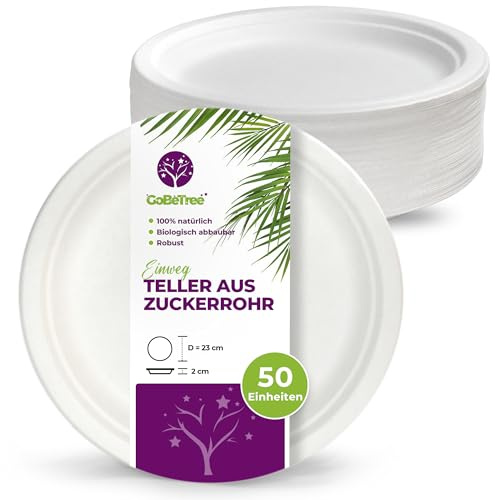 GoBeTree 50 Piatti Monouso Rotondi in Canna da Zucchero da 23 cm Bianchi. Piatti di Carta Usa e Getta Extra Resistenti, per Campeggio, Picnic, Feste, Barbecue, Compleanni.