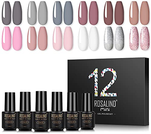 ROSALIND UV Gel Nagellack 12PCS Rosa Weiß Grau Braun Glitzer Farben Pastell Hellgrau Farbgel für Gelnägel UV LED Gel Nail Polish Soak Off Varnish Lack 7ML