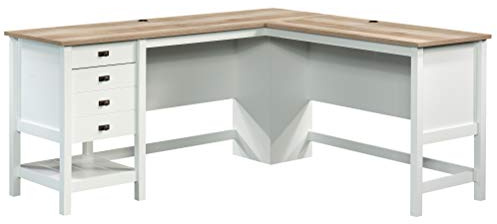 Sauder Cottage Road L Shaped Desk Computer Desk with Drawers, Home Office Desk with Optional File Cabinet Storage, Cable Management, in Soft White Finish