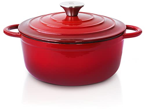 Trustmade Schmortopf aus Gusseisen, emaillierter Kochgeschirr-Topf mit selbstbefüllendem Deckel zum Backen, Schmoren, Kochen, Rot, 4,5 l