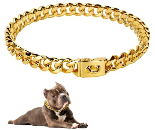 Goldene Hundehalsband, 18 Karat Metallkette, Hundehalsband, Welpen, Mädchen, Jungen, kubanisches Glieder-Hundehalsband mit Design, sichere Schnalle für kleine, mittelgroße und große Hunde