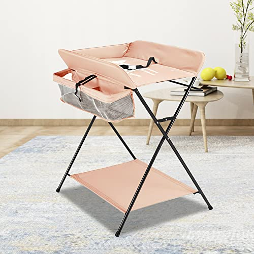 RibasuBB Wickeltisch klappbar, Wickelkommode mit Auflage, Mobiler Wickelkommode Baby Massagetisch Höhenverstellbar Mit 3 Fächern, Traglast bis 25 kg