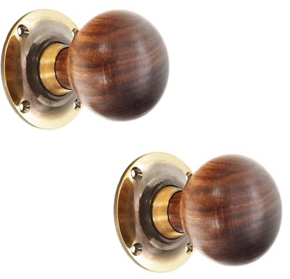 Infinity Decor Pure Ebony Wood & Rosewood Door Knobs/Wooden Victorian Mortice Rim Knobs/Solid Brass Rose Plate Aged Brass Finish (Rosewood Bun)