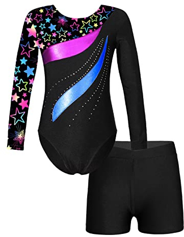 Choomo Barn gymnastikdräkt gymnastiktröja ärmlös klassisk gymnastikdräkt långärmad body med shorts för flickor, balett, danskläder, Stjärnsvart, 146-152