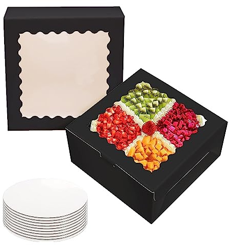 GUIFIER 10 PCS Cake Boxes 10 inch with Cake Boards & Black Ribbon, Bakery Boxes with Window 10x10x5 Inches, Cake Containers, Cookie Boxes, Large Pastry Boxes for Cakes, Cookies, Pastries, Pie (Black)