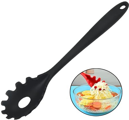 JXJYZLN Spaghetti Spoon Pasta Fork,Silicone Pasta Fork,11.2 inch Spaghetti Strainer Kitchen High Heat Resistant Noodle Spoon Server,Food Grade Pasta Spoon with Stainless Steel Handle,BPA Free (Black)