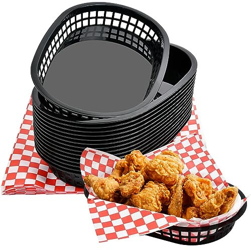 Aemygo 40 Stück Kunststoff Fast Food Körbe mit Wachs Deli Papier Blätter Oval Brot Servierkörbe Retro Serviertablett Wiederverwendbar Fast Food Restaurant Supplies für Deli Servieren, Burger,