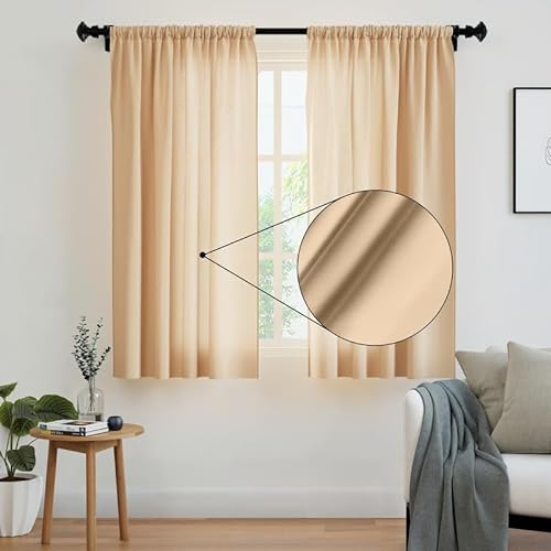 Encasa XO Cortinas sólidas de poliéster con Atado, 140x137 cm Window Juego de Paneles de 2 - Beige, Bolsillo de Vara, Filtro de luz, Cortinas para Puerta, Dormitorio, Sala de Estar