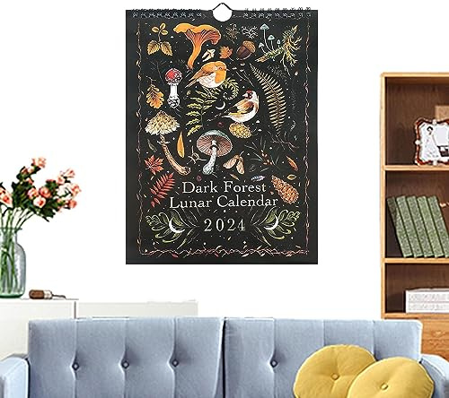 Zankie Becorns Folk Kalender Dark Mondkalender 2024 2024 Dark Kalender Mondkalender für 2024 Tiere Kalender 2024 Wasserdichter Kalender