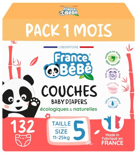 France BéBé - Couches Écologiques Taille 5 (11 à 25kg) - 132 couches - Fabriquées en France - Ultra-absorbantes 12H - Ultra douces - Sans substances nocives (Taille 5)