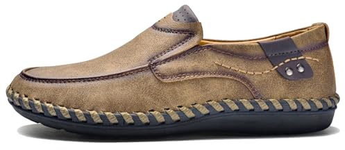 Hoefirm Loafers platta lädertofflor vardagliga slip-on skor andningsbara mockasin handsydda promenadskor, Kaki brun, 45 EU