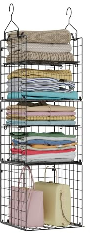 X-cosrack Hanging Closet Organizer and Storage - 5-Tier Closet Storage Organizer Baskets for Clothes & Adjustable Collapsible Metal Closet Hanging Organizer Shelves for Sweaters Shoes Handbags