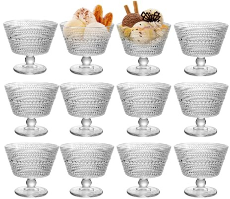 DNIENKGE Glass Dessert Bowls & Breakfast Cups - Set of 12, 9oz Ice Cream Sundae Cups, For Oats, Ice Cream, Milk, Sorbet, Yogurt (12PCS)