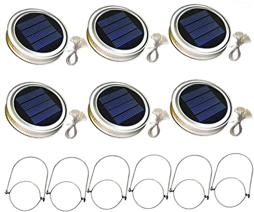 Porgeel Solar Mason Jar Lid Light 6PCS with 2m String Lights Handle 20 LEDs Hanging Lantern Lamp for Garden Decoration White Light Solar Fence Lights