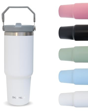CherryKelly 30oz (850ml) Travel Mug with Handle, Travel Tumbler with Straw Lid, Stainless Steel Vacuum Insulated Coffee Cup, Double Wall Travel Flask Car Mug, Leak Proof Water Bottle - White