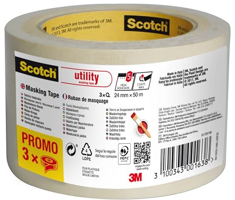ScotchBlue Utility Cinta de enmascarar, 24 mm x 50m, 3 Rollos/Paquete, 70% PEFC SGSCH-PEFC-COC-110078