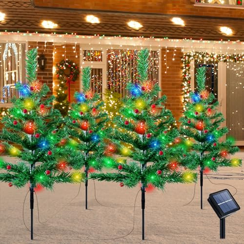 Weihnachtsbeleuchtung für Außen, 4 Stück Weihnachtsbaum mit 80LED Solar Lichterketten, Solar Christbaumbeleuchtung mit Roten Beeren, Weihnachts Wegbeleuchtung, Weihnachtsdekoration für Außen Garten