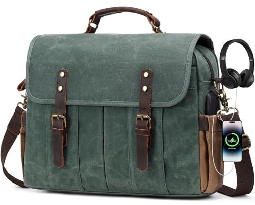 Vintage Herren Kuriertasche, 39,6 cm, wasserdicht, echtes Leder, gewachstes Segeltuch, Aktentasche, Laptoptasche mit Ladegerät, Headset-Anschluss, Dunkelgrün
