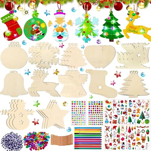 360Pcs Bastelset Weihnachten für Kinder - Holzanhänger Deko Mit Glocken, Augen, Schnüren, Strasssteinen, Aufklebern - Christbaumschmuck und Geschenke