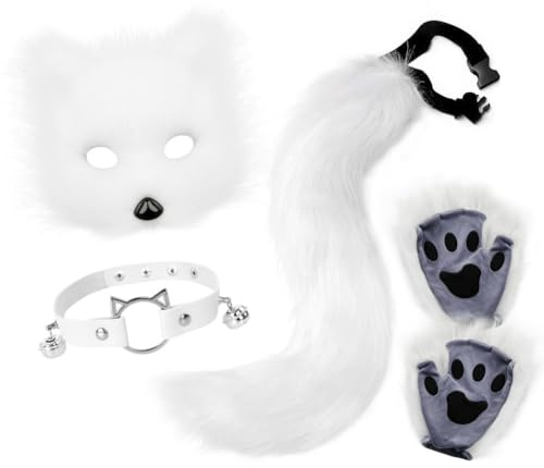 ISAKEN Fuchsschwanz Kunstpelz Flauschige Fox Plüsch Maske, Tierohren Stirnband Schwanz Pfote Handschuh Set, Cosplay-Kostüm-Set, Fuchs Katze Cosplay Für Frauen