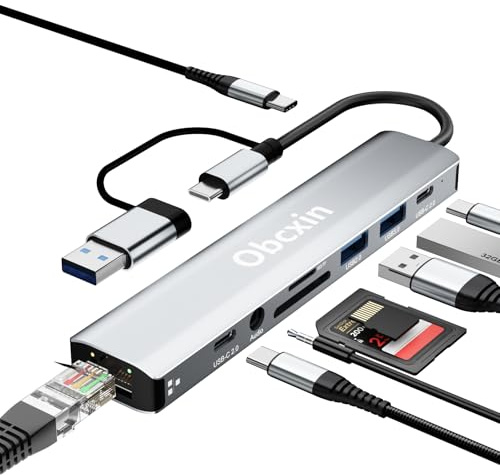 USB C Hub 9-in-2 Multiport Adapter mit Ethernet, US-B 3.0&USB 2.0, USB C Adapter mit SD/TF-Kartenleser, 3,5-mm-Aux-Anschlüsse für MacBook XPS Surface Pro Linux Chromebook usw